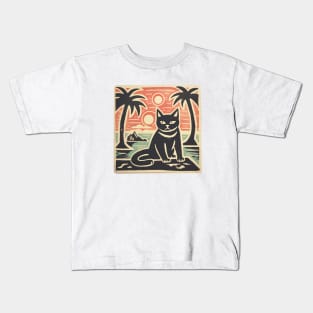 Black Cat Lino Cut Hawaiian Sunset Kids T-Shirt